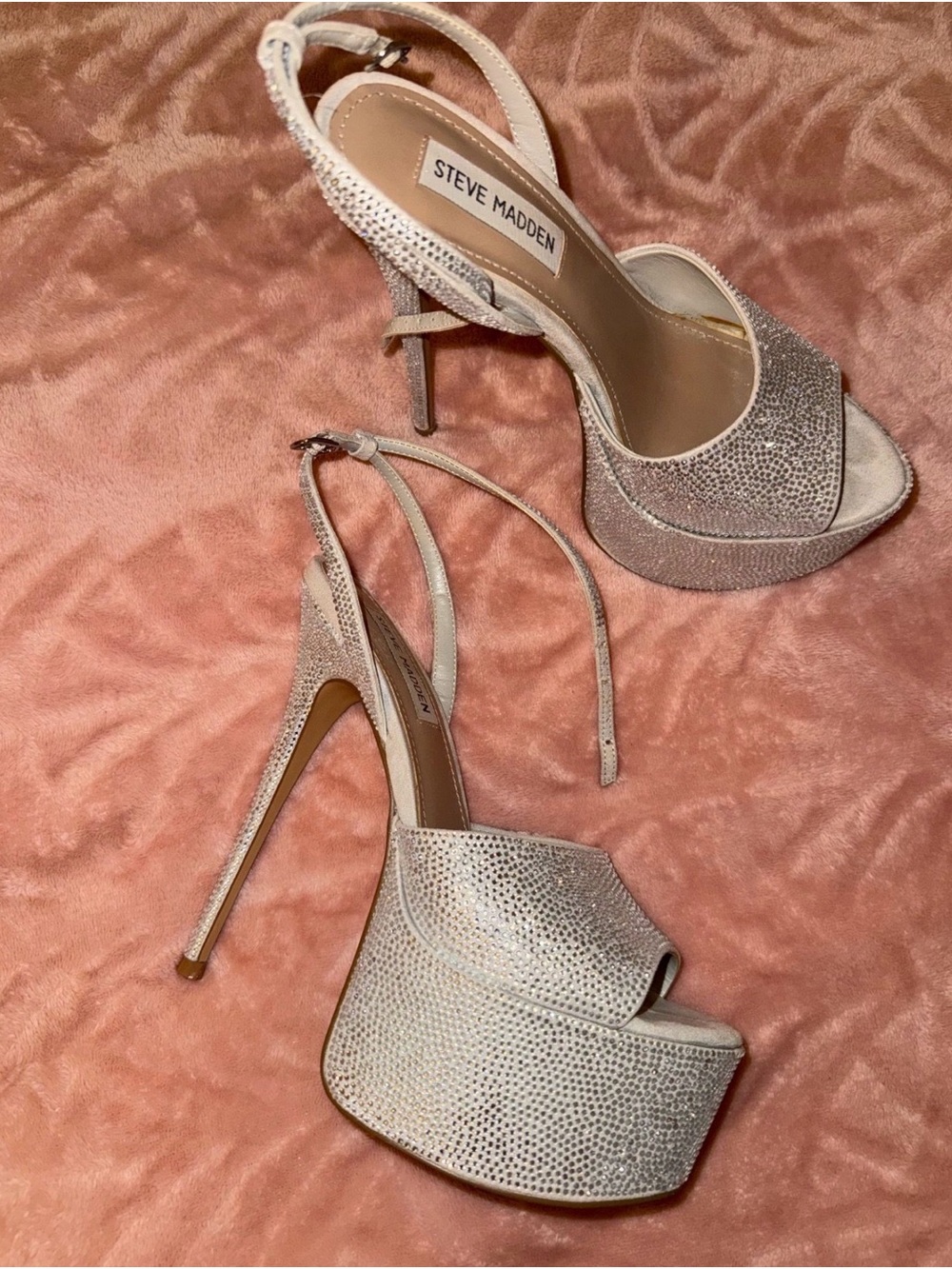 Steve Madden Silver Rhinestone Platform Slingback Heels